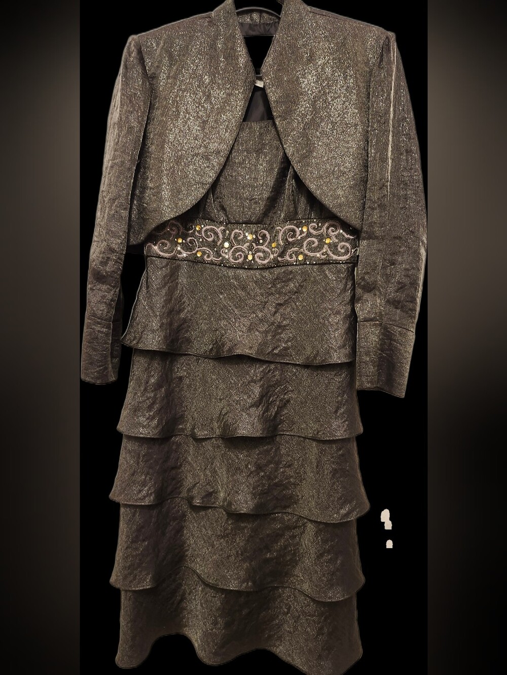 Metallic Charcoal Tiered Cocktail Dress with Embellished Waist and Jacket Sz 8